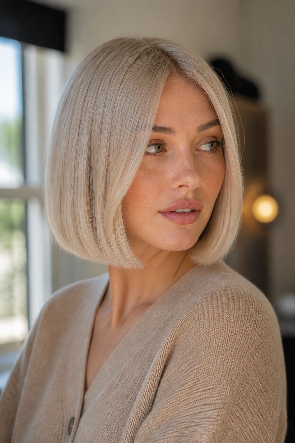 Portrait of a woman with a pearl blonde bob under natural daylight.