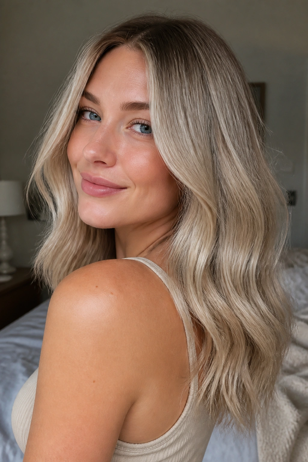Close-up of a real woman with pearl blonde cool beige toning under soft natural light