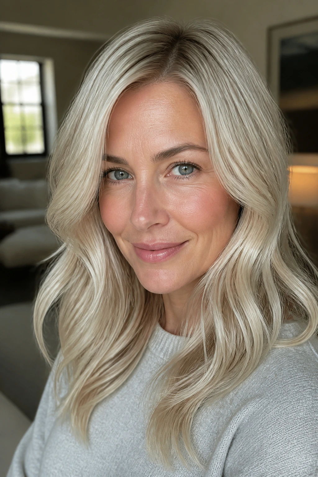 Real woman with pearl blonde hair and creamy sheen.