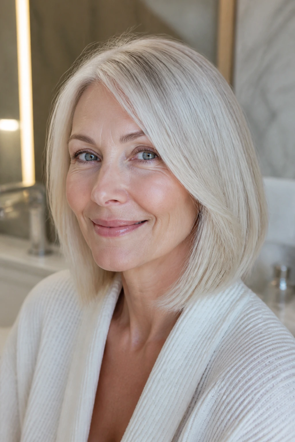 Close-up portrait of a real woman with pearl blonde hair in a spa-like setting.