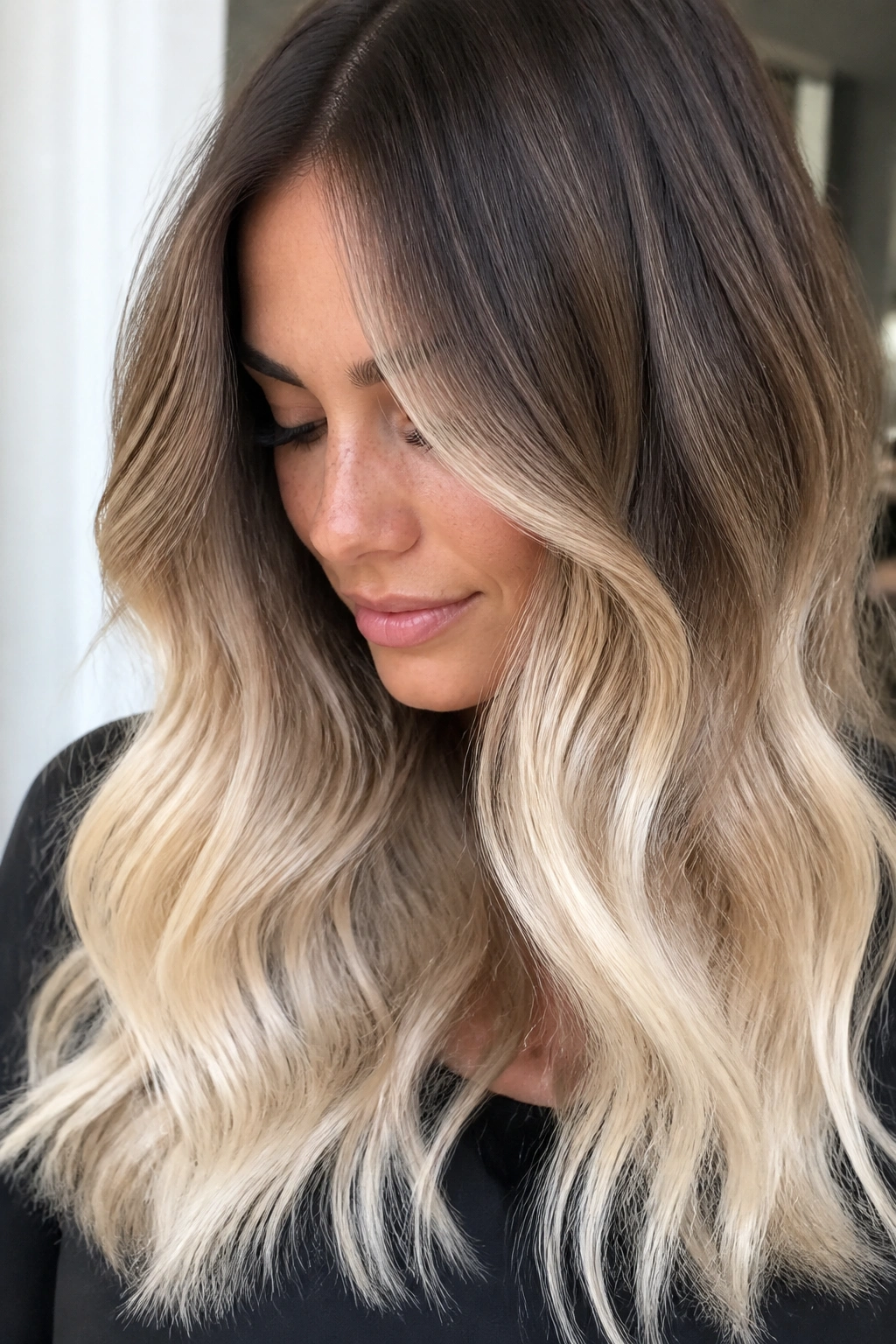 Wavy hair with pearl blonde ends on soft brown base, close-up