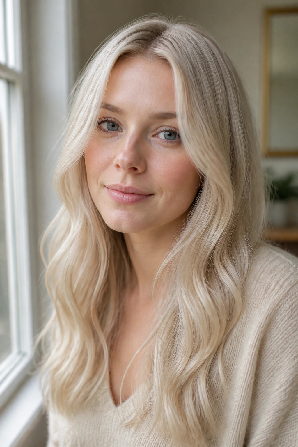 Close-up portrait of a real person with pearl blonde hair on fair skin, soft cool-beige glow.