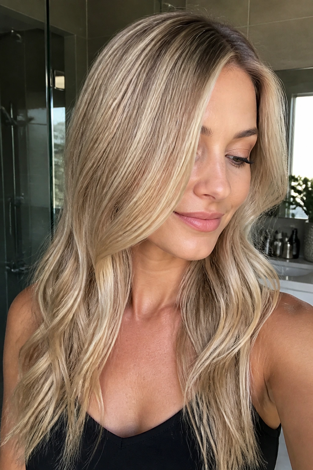 Close-up portrait of a real woman with pearl blonde gloss over fine foils hair