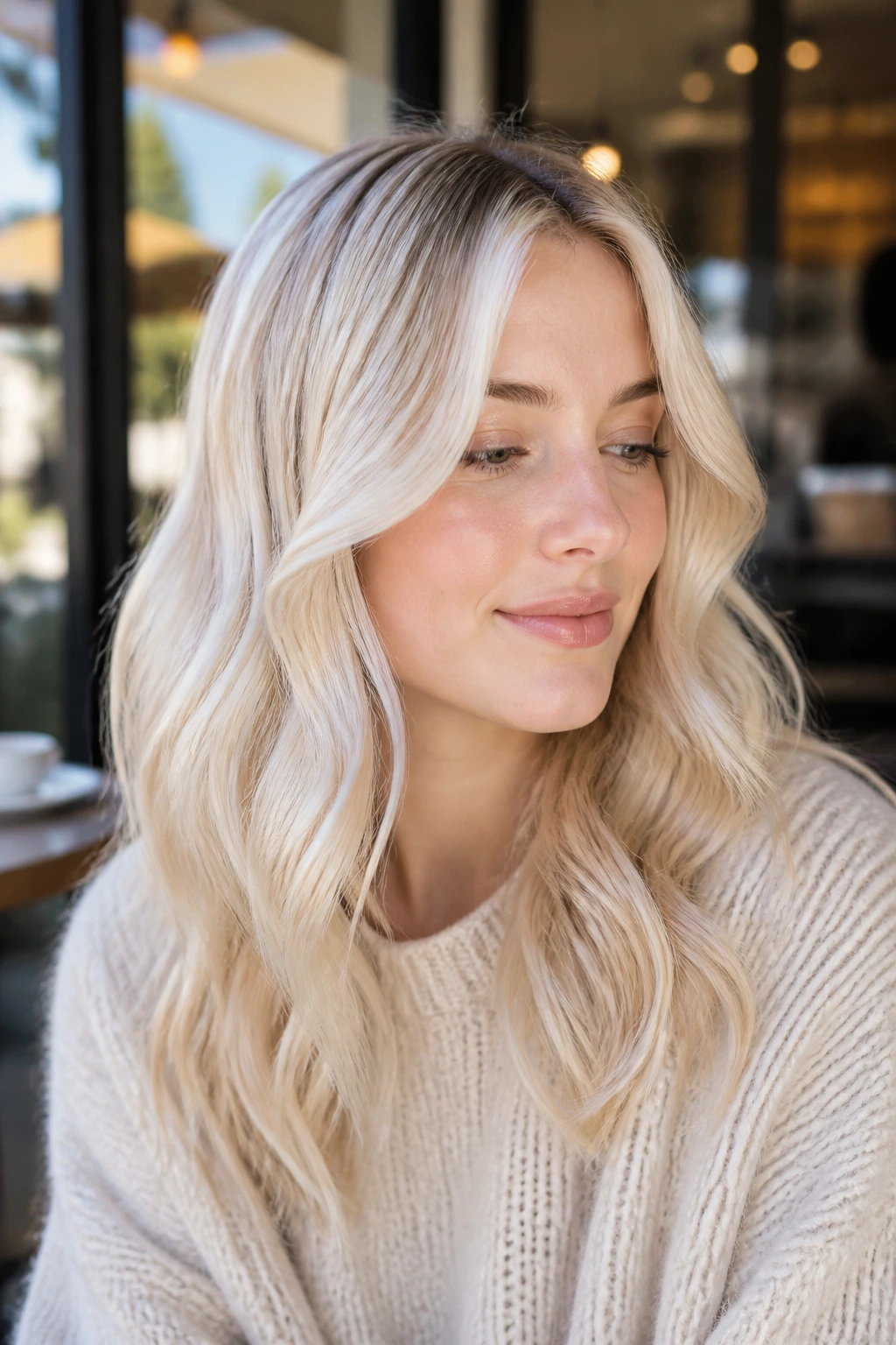Real woman with pearl blonde fine waves in natural daylight.