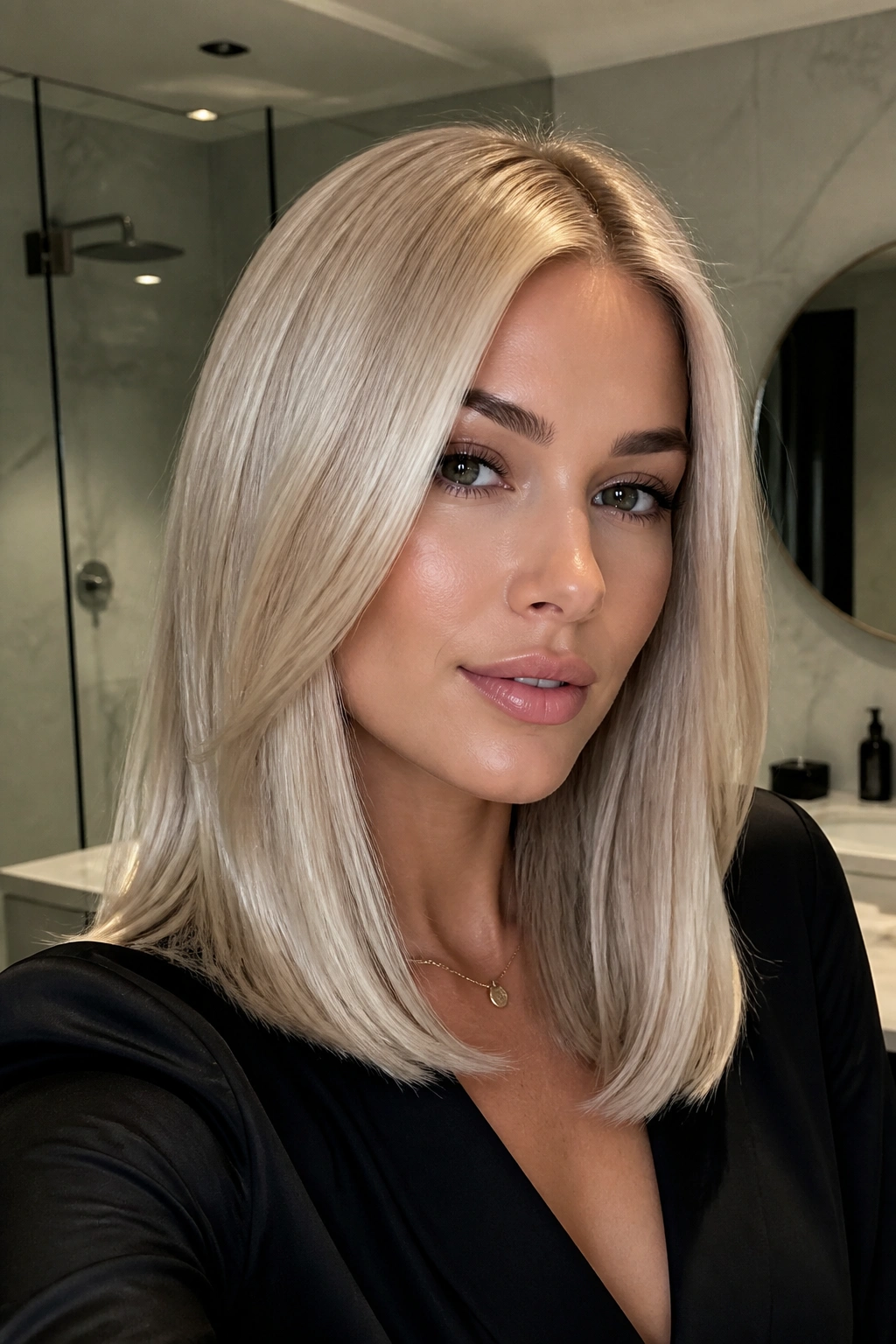 Real woman with pearl blonde hair in a glossy blowout