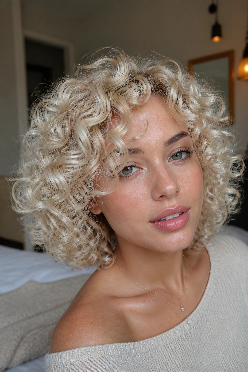 Close-up of a real woman's curly hair with pearl blonde glaze and milky shine