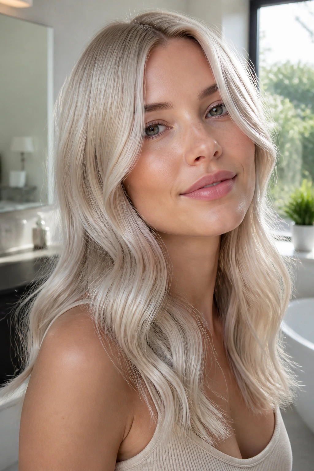 Close-up of a real woman's pearl blonde hair with glossy, translucent shine