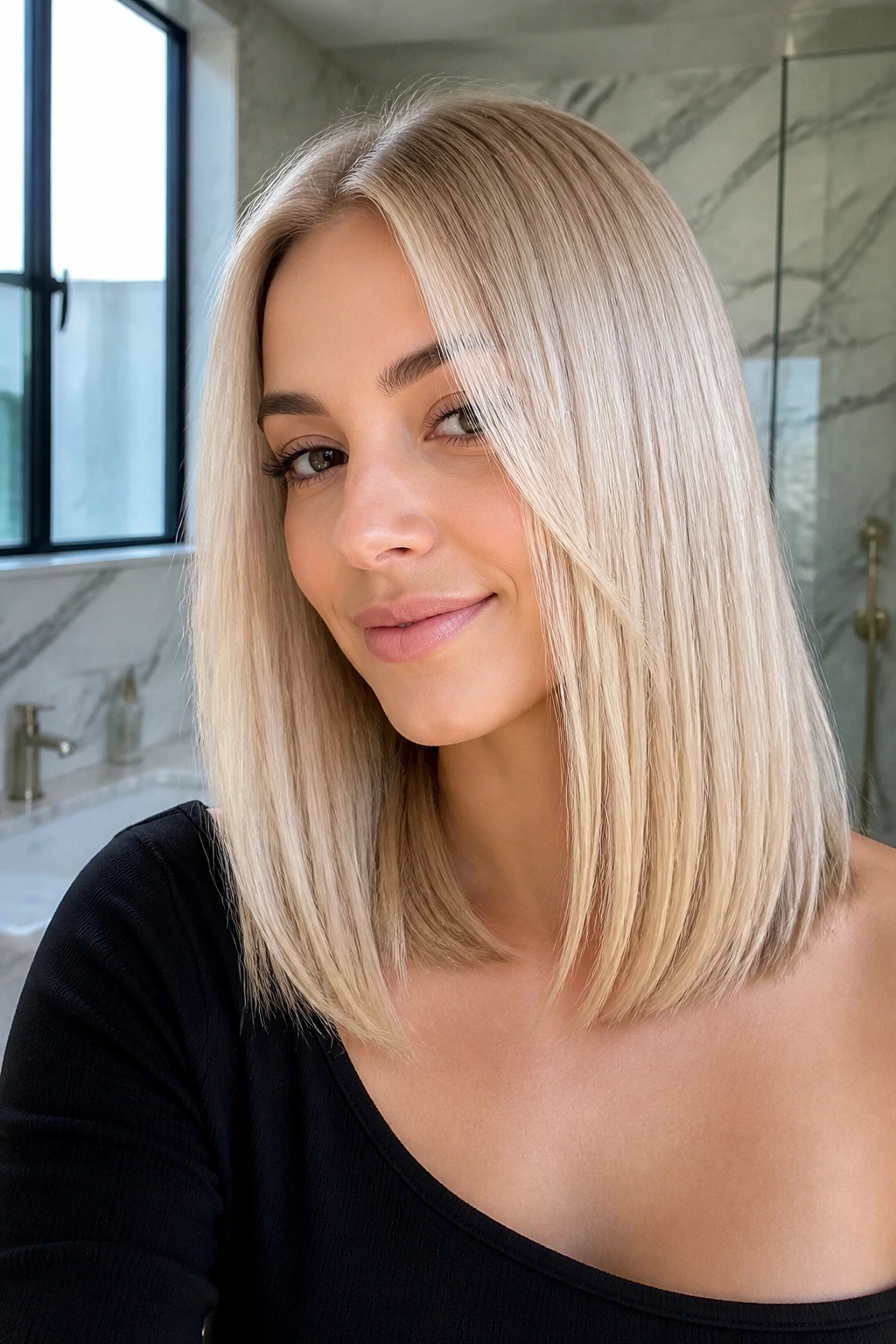 Close up of a woman with pearl blonde glossy straight hair in a bright bathroom