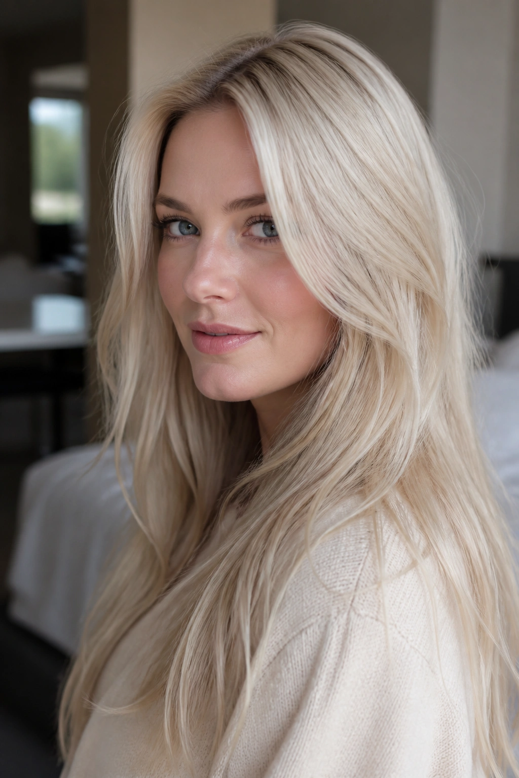Close-up portrait of a real person with pearl blonde hair in cool lighting