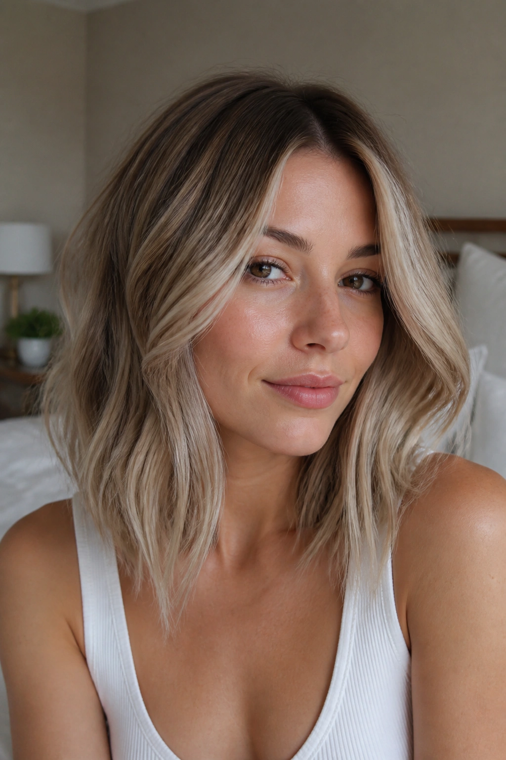 Close-up portrait of a real woman with pearl blonde over soft brown hair