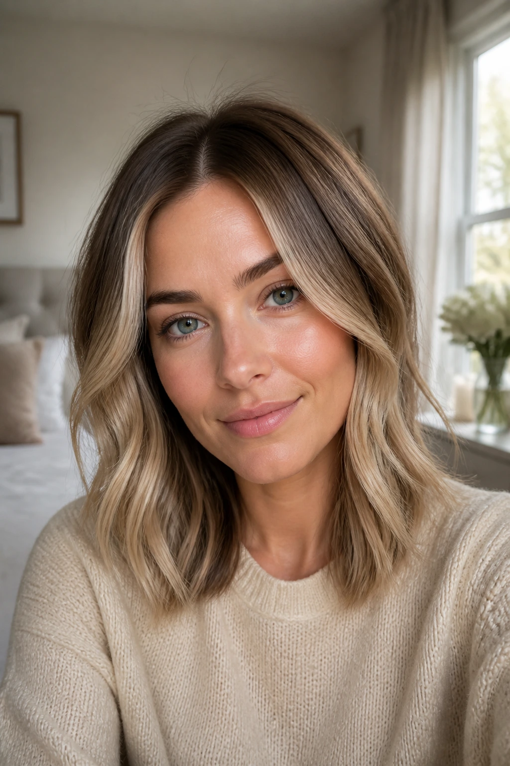 Close-up portrait of a real woman with pearl blonde highlights on brown hair