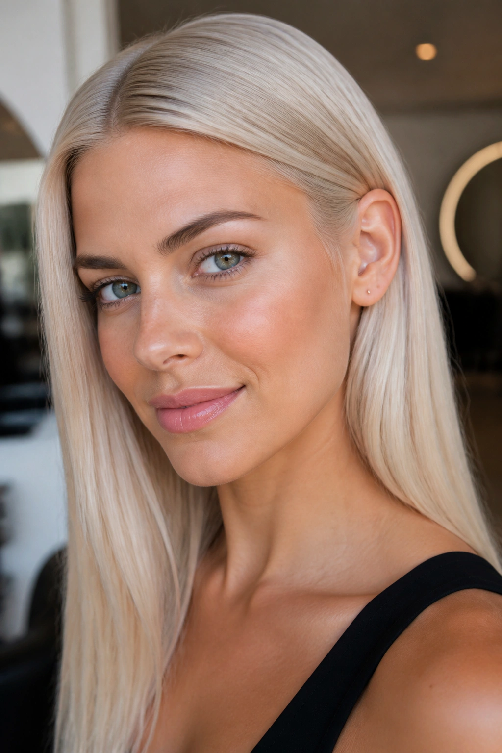 Close-up of real woman's hair in pearl blonde with cool, luminous sheen