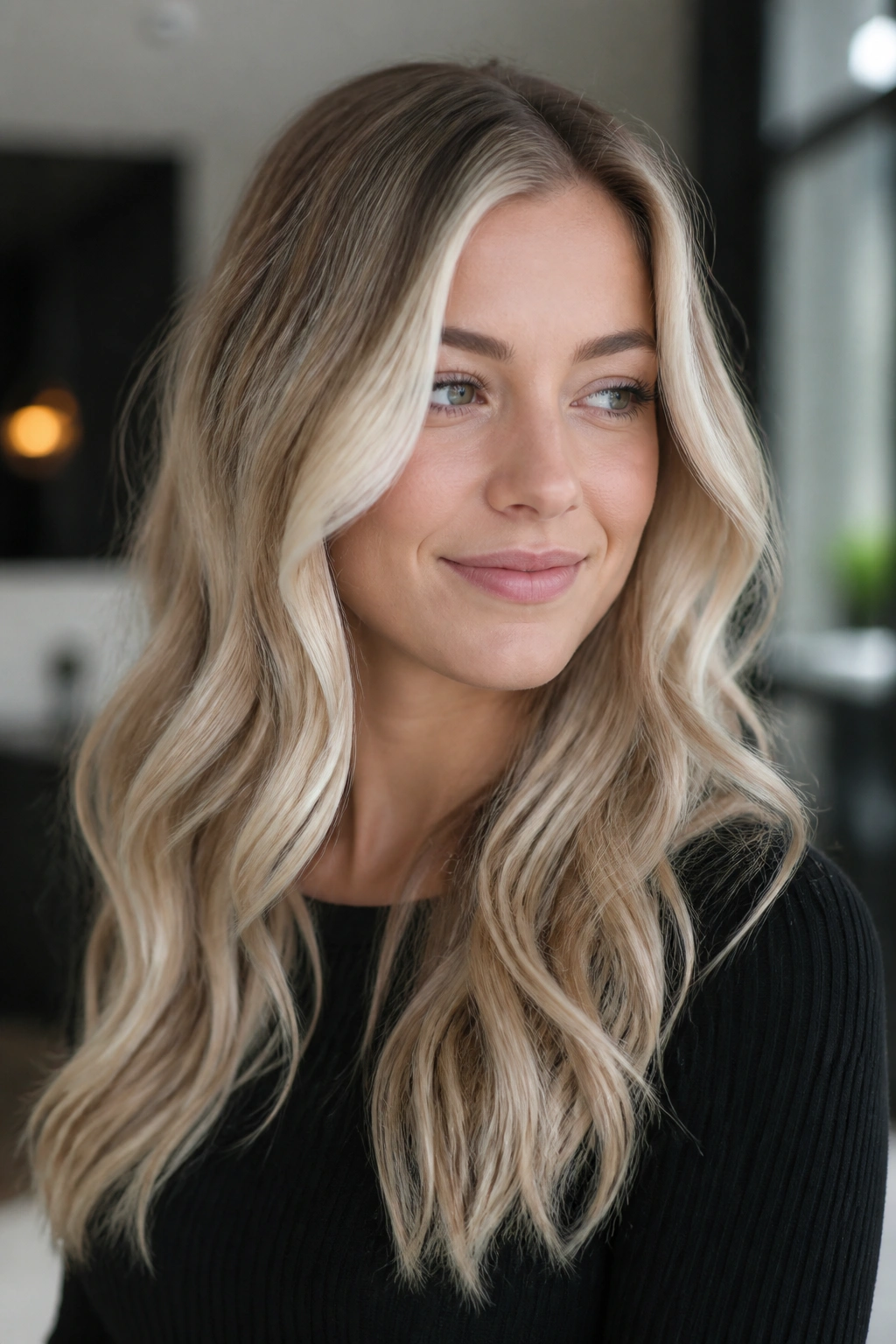 Woman with pearl blonde ribbons framing her face in a modern room