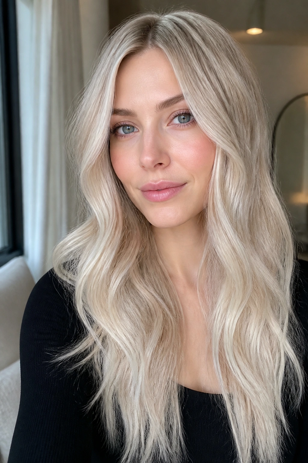 Close-up portrait of a real woman with cool pearl blonde hair