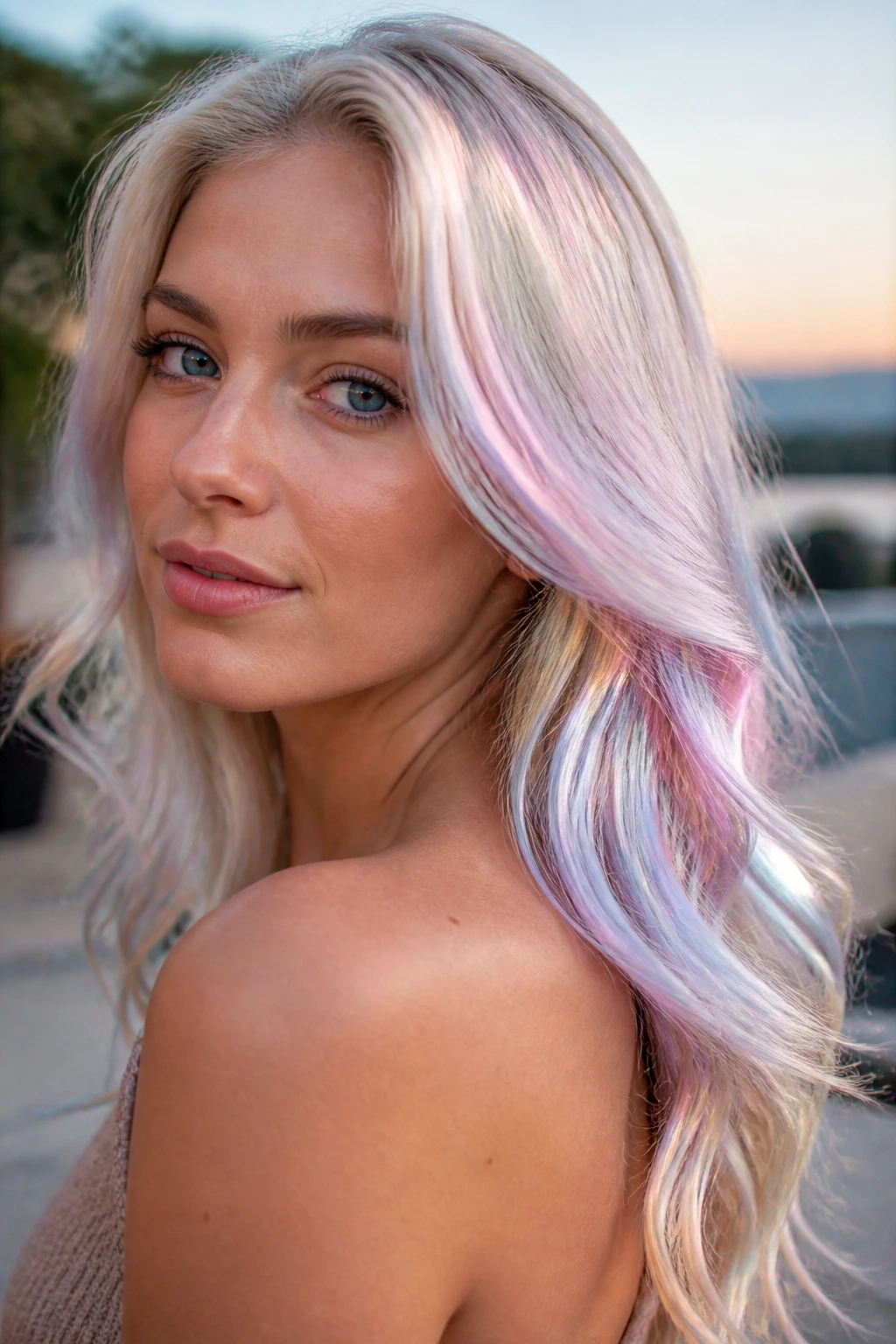 Close-up portrait of pearl blonde hair with iridescent shifts