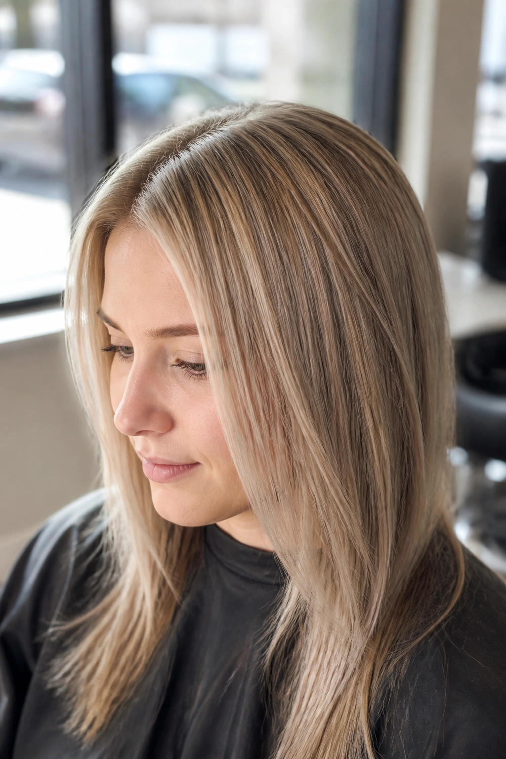Close-up of fine hair with pearl blonde micro-lights under soft salon lighting