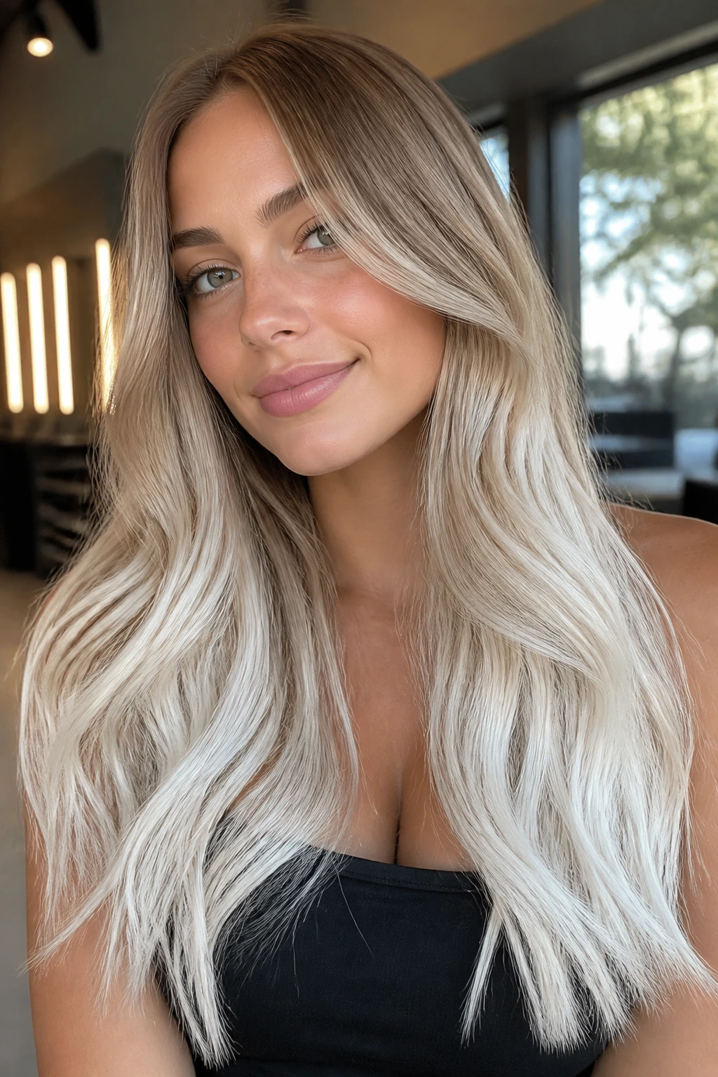 Close-up portrait of a real woman with pearl blonde hair blending into platinum tips, long hair