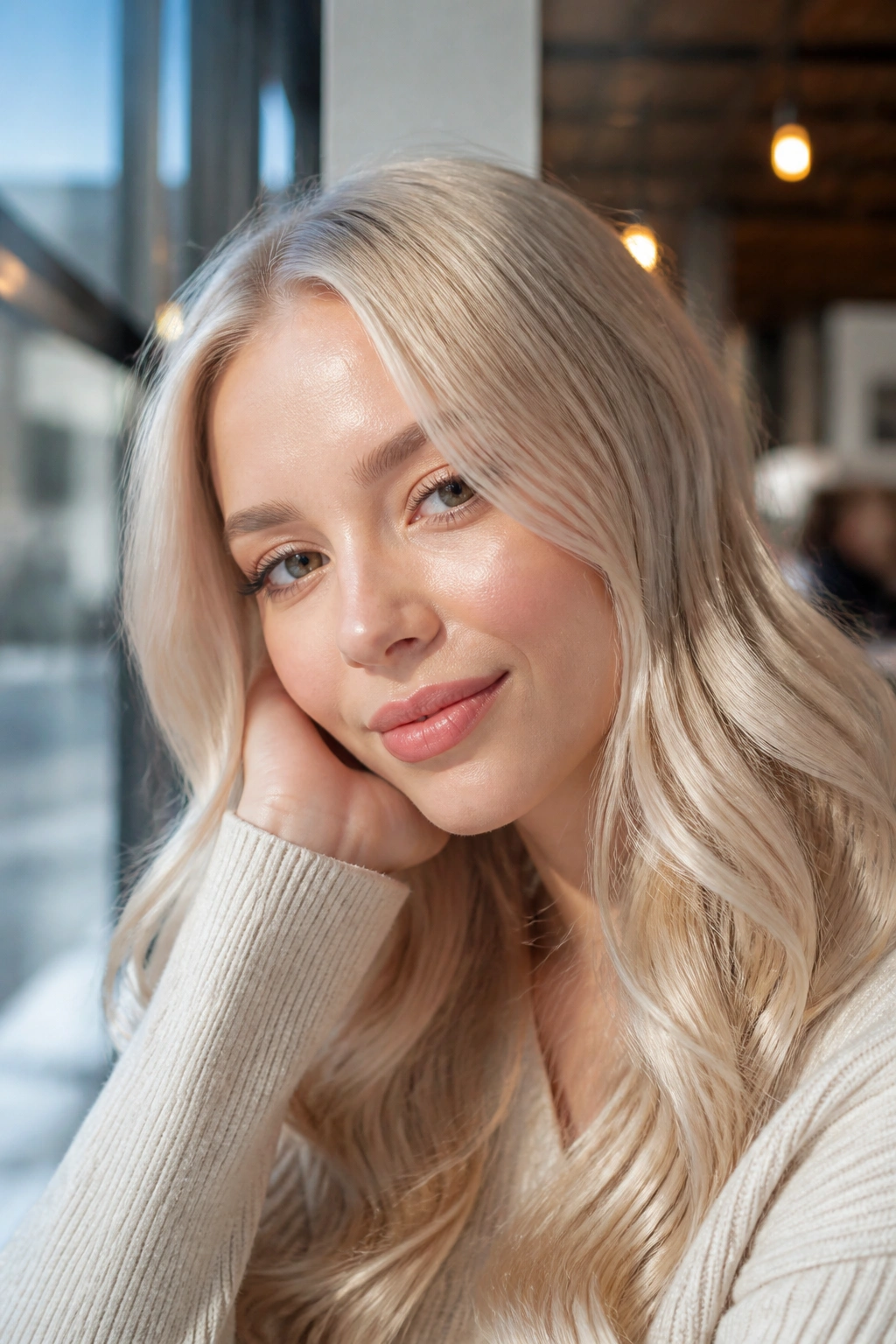 Close-up portrait of a real person with pearl blonde hair in natural window light
