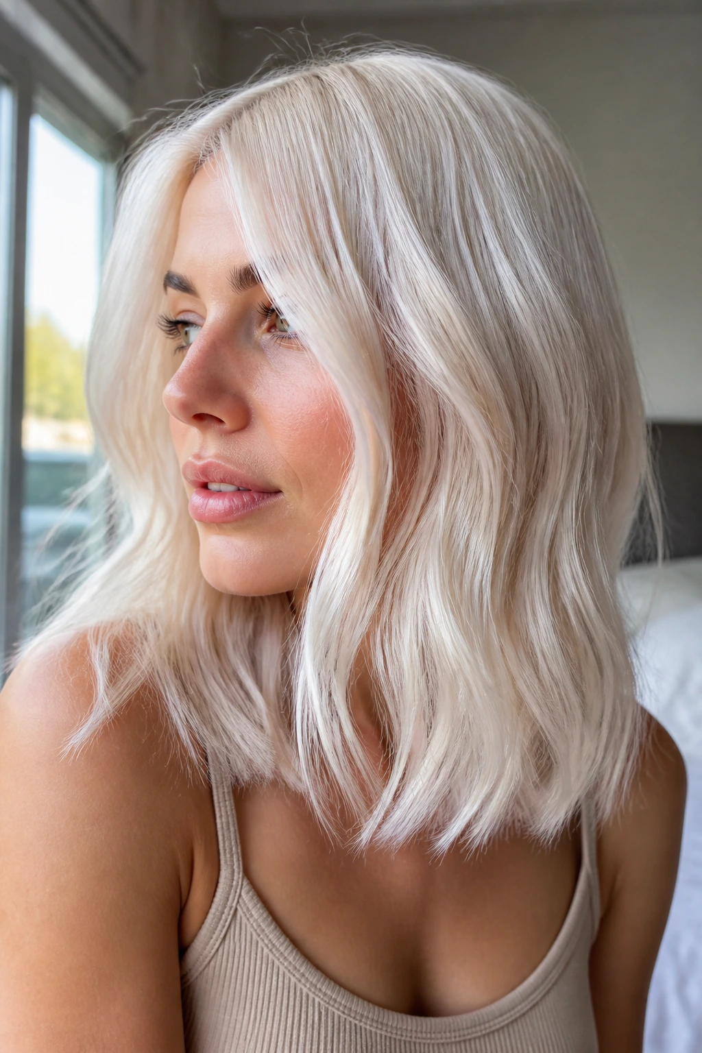 Close-up of a woman with iridescent pearl blonde hair by a sunlit window