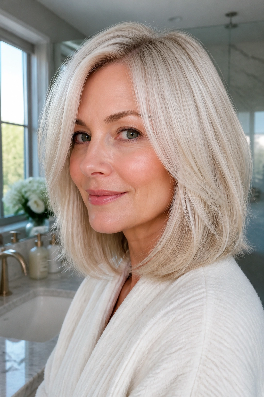 Close-up of real woman with pearl blonde satin finish hair
