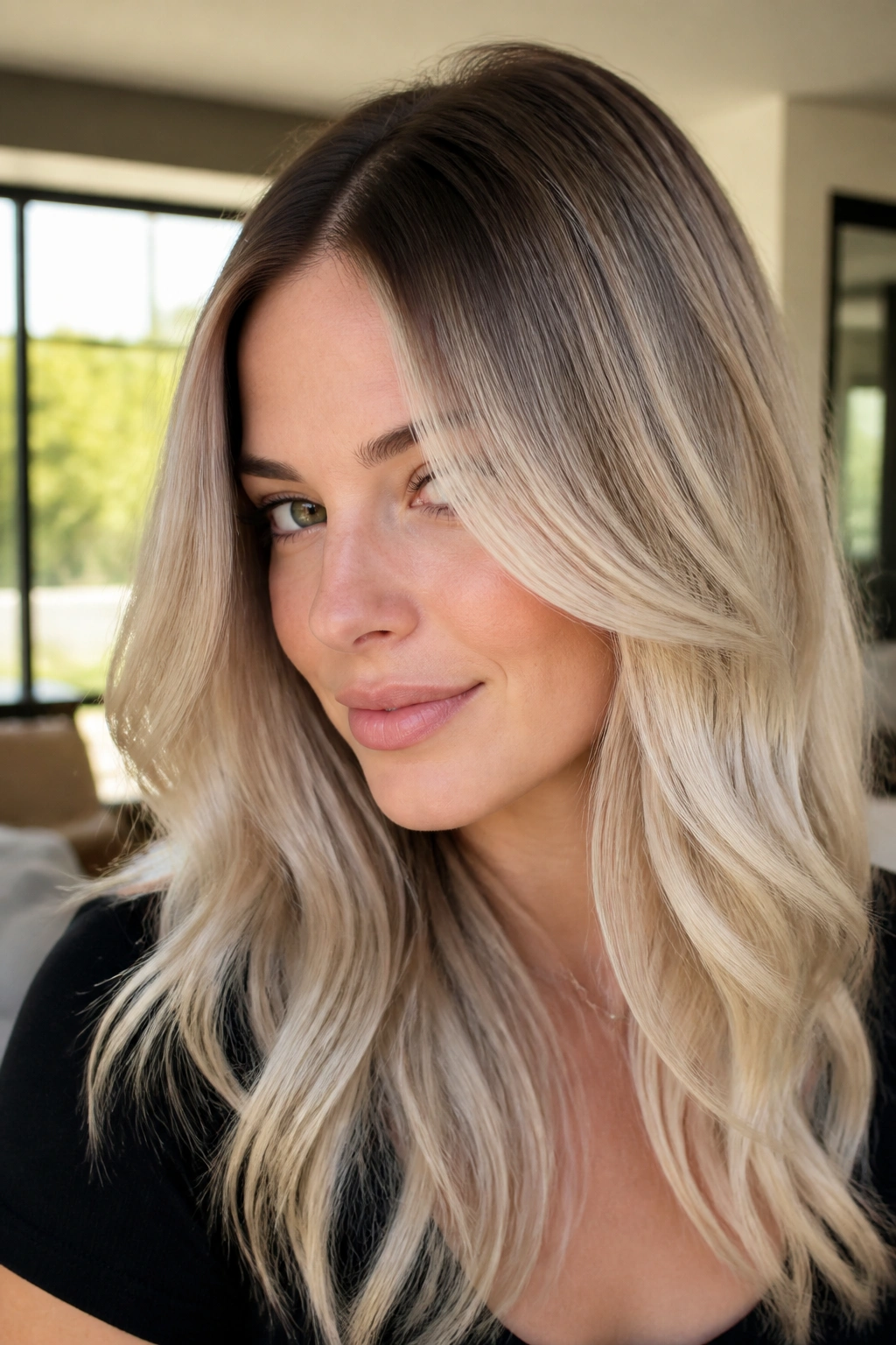 Portrait of a real person with pearl blonde hair and a deep shadow root.