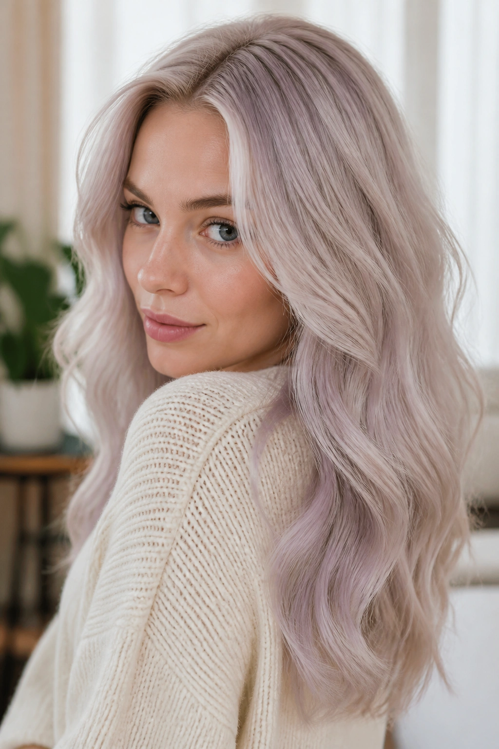 Close-up portrait of a woman with pearl blonde hair and soft translucent gloss in natural light.