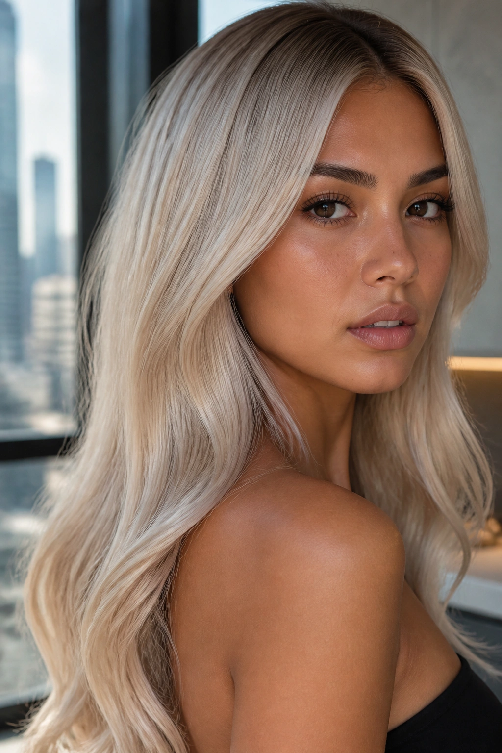 Real-woman portrait with pearl blonde hair and cool luminous tones in daylight interior.