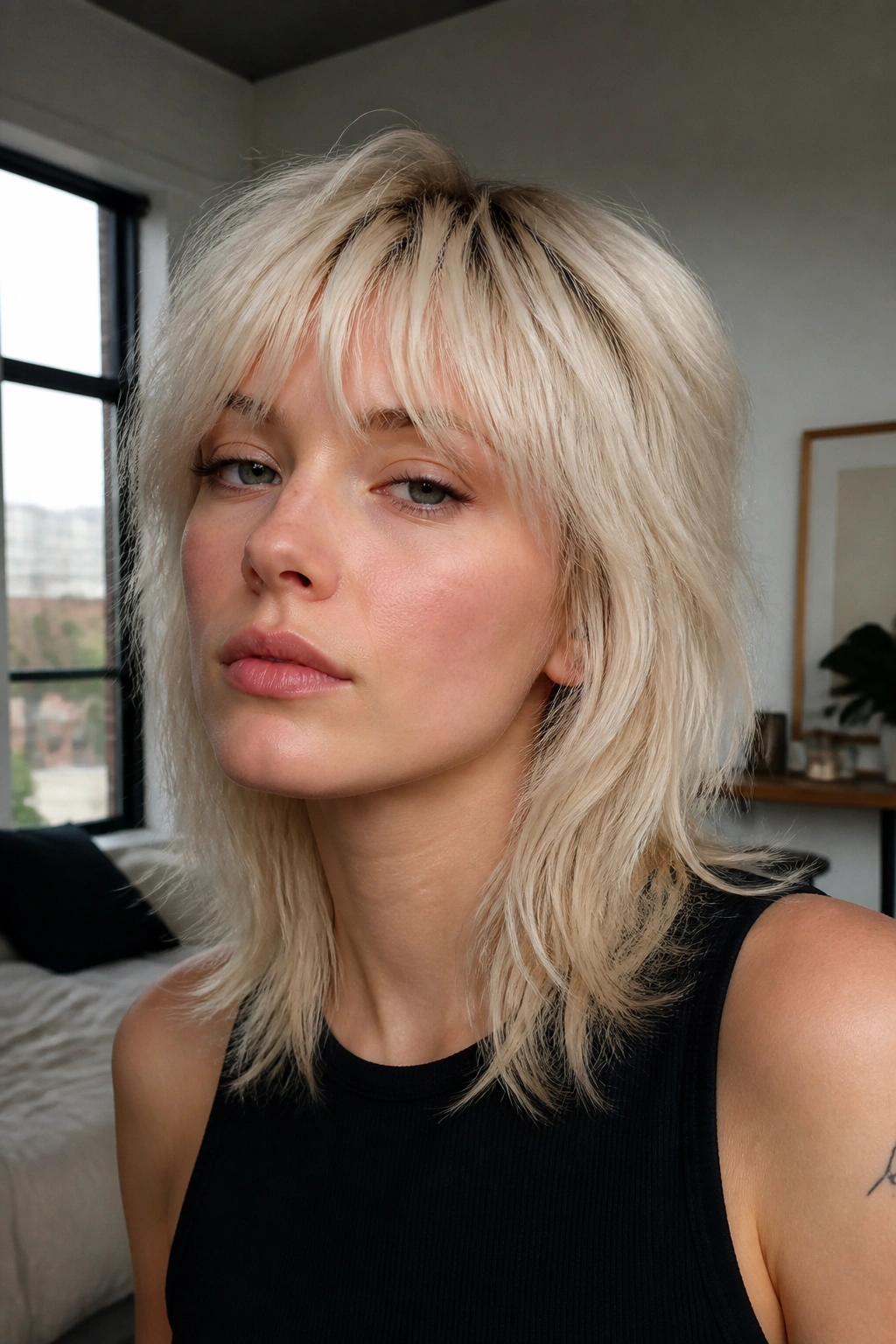 Close-up portrait of a real person with pearl blonde wolf cut and choppy bangs.