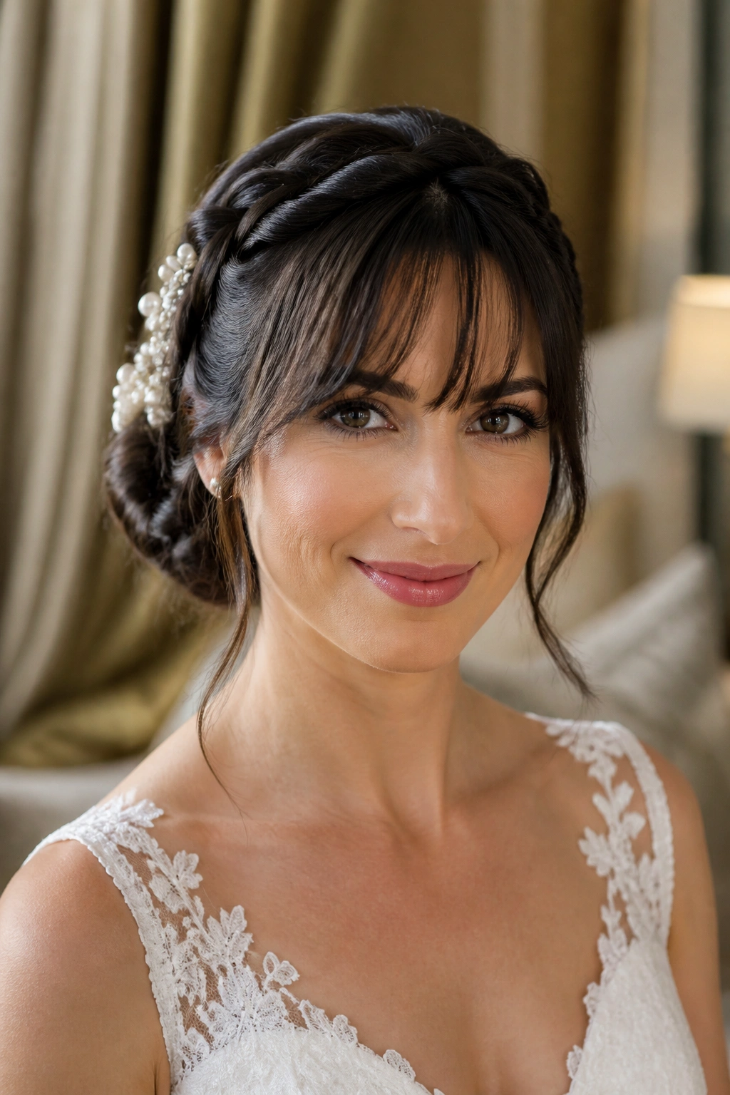 Bride with pearl-trimmed braided bun and soft bangs