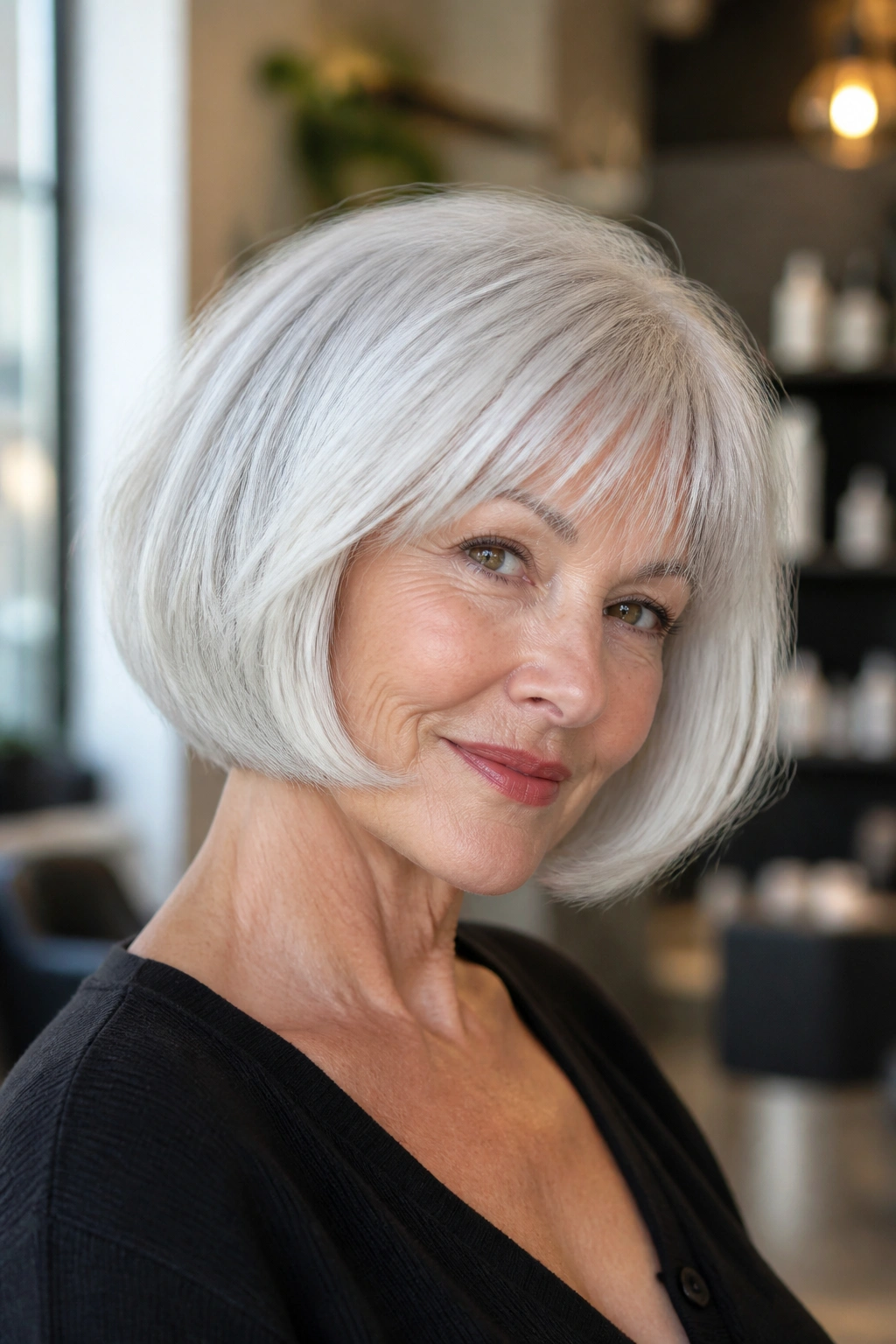 Close-up portrait of a real woman with pearl French bob under soft daylight