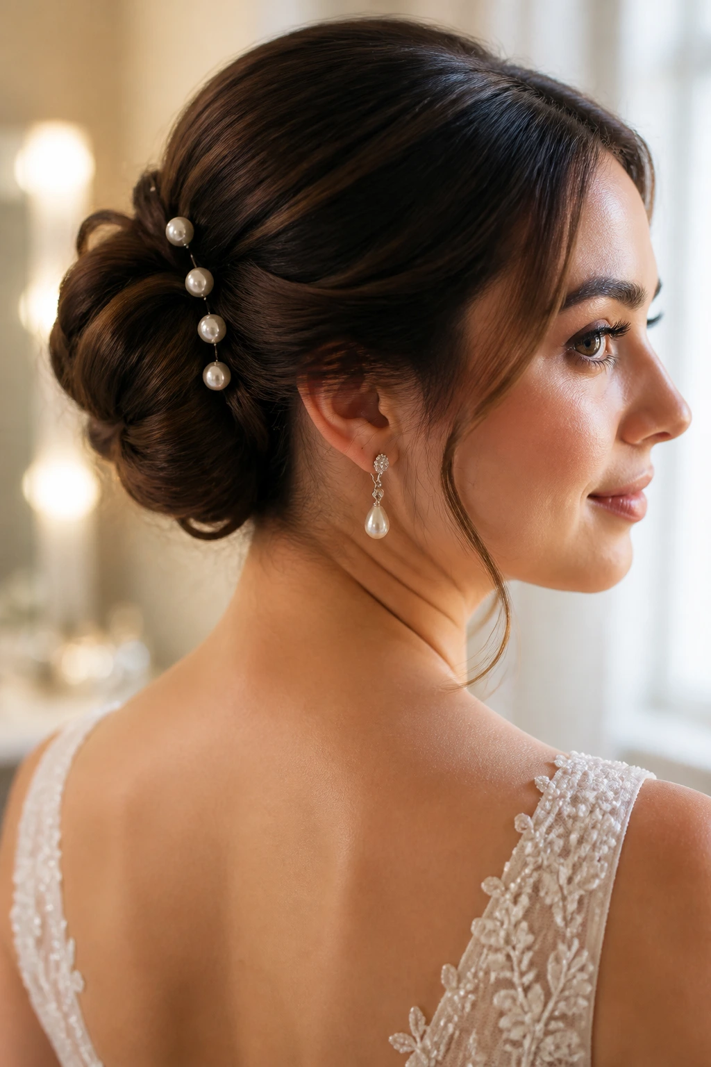 Close-up of a real bride with a pearl-pinned coil bun