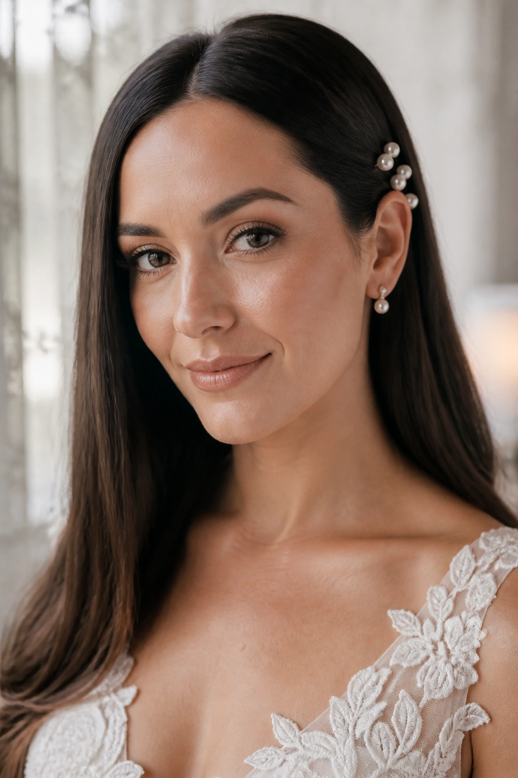 Close-up of a real bride with a pearl-pinned half-tuck behind the ear.