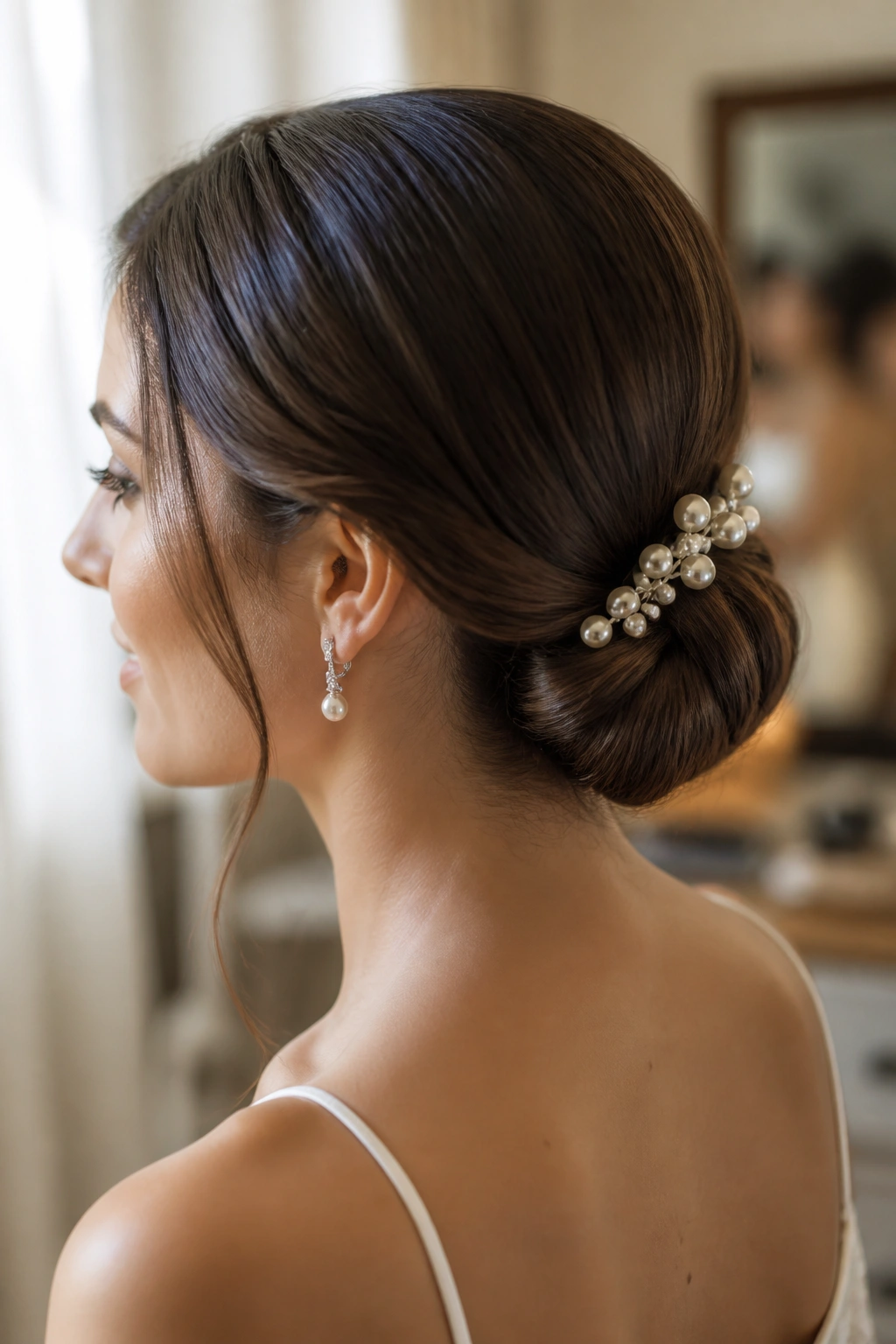 Close-up of a real woman with a pearl-pinned low knot at the nape