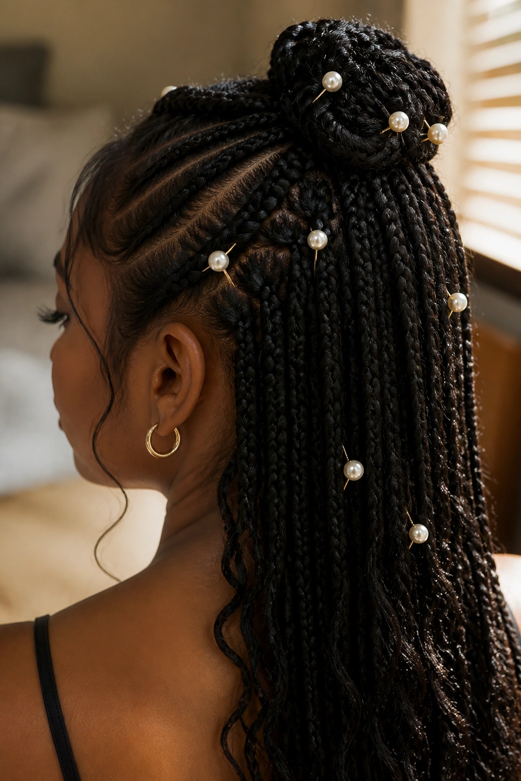 Pearl pins pinning a braided hairstyle on a real person
