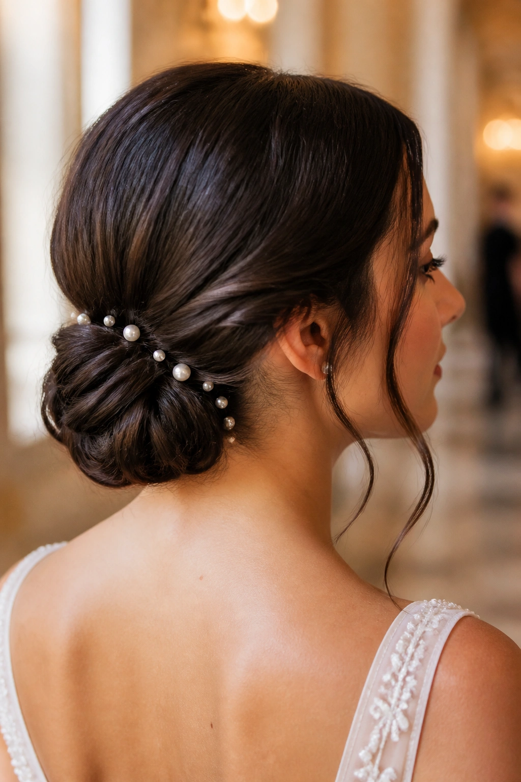 Close-up portrait of a woman with a pearl-pinned low bun at the nape