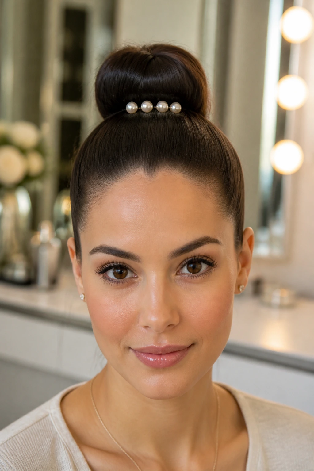 Close-up of a real woman wearing a pearl-pin donut bun