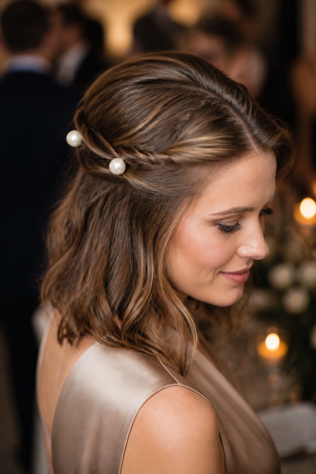 Portrait of a real woman with a pearl-pinned half-up twist