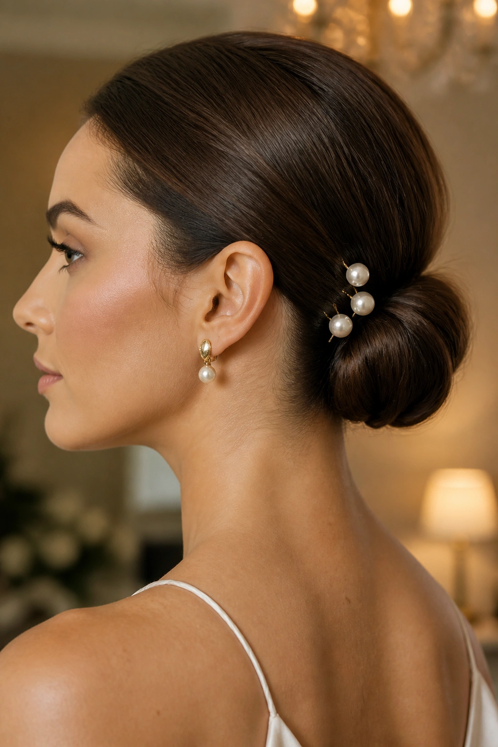 Close-up of a woman with a low bun adorned with pearl pins