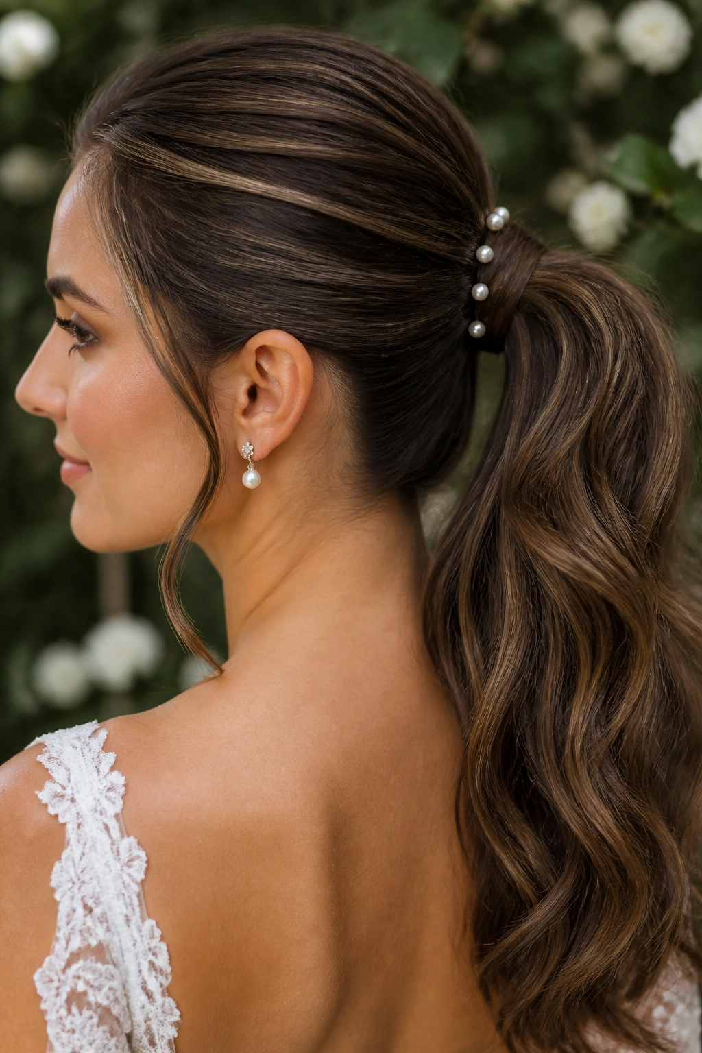 Bride's ponytail accented with pearl pins for minimal jewelry.