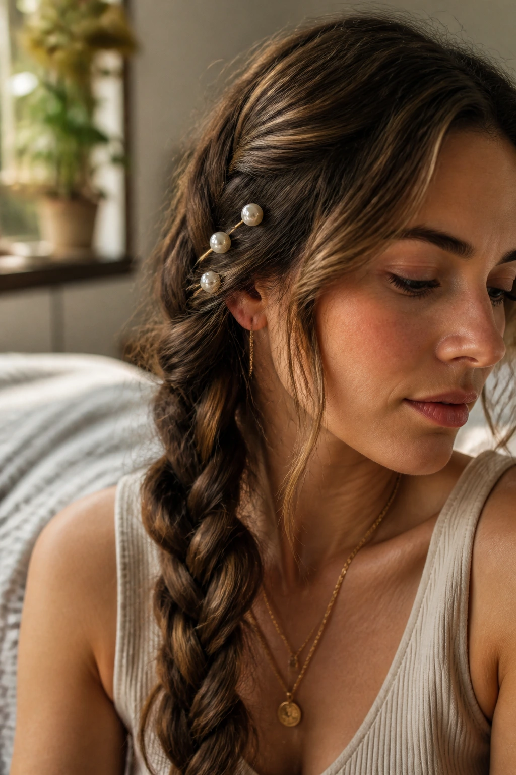 Side braid with pearl pins along the curve in warm window light