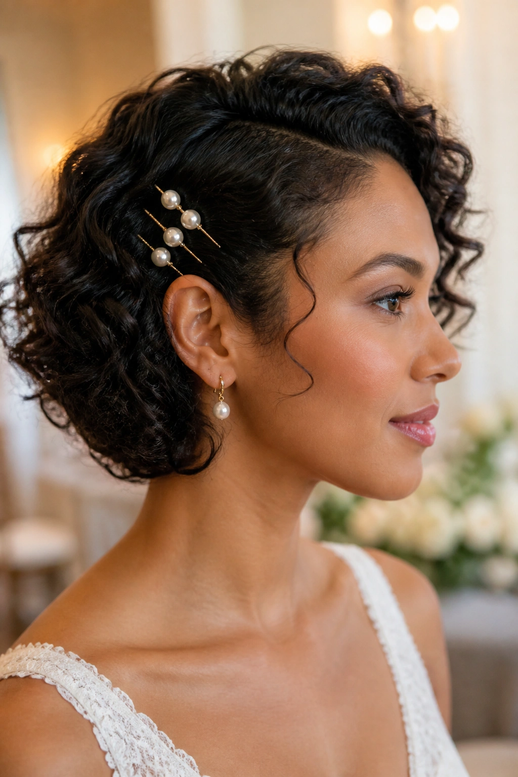 Side profile of a real bride with short curls swept and pearl pins at the temple