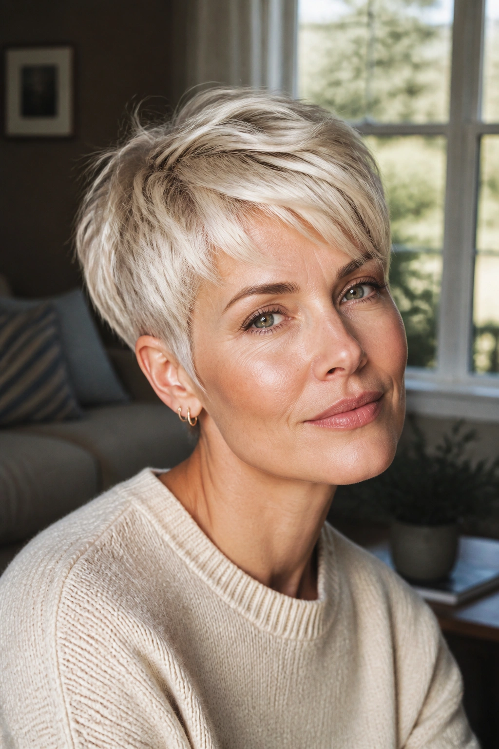 Close-up portrait of a real woman with a pearl blonde pixie cut