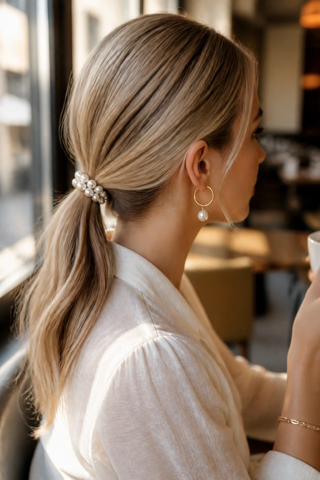 Close-up of a real woman with an accessorized pearl ponytail.
