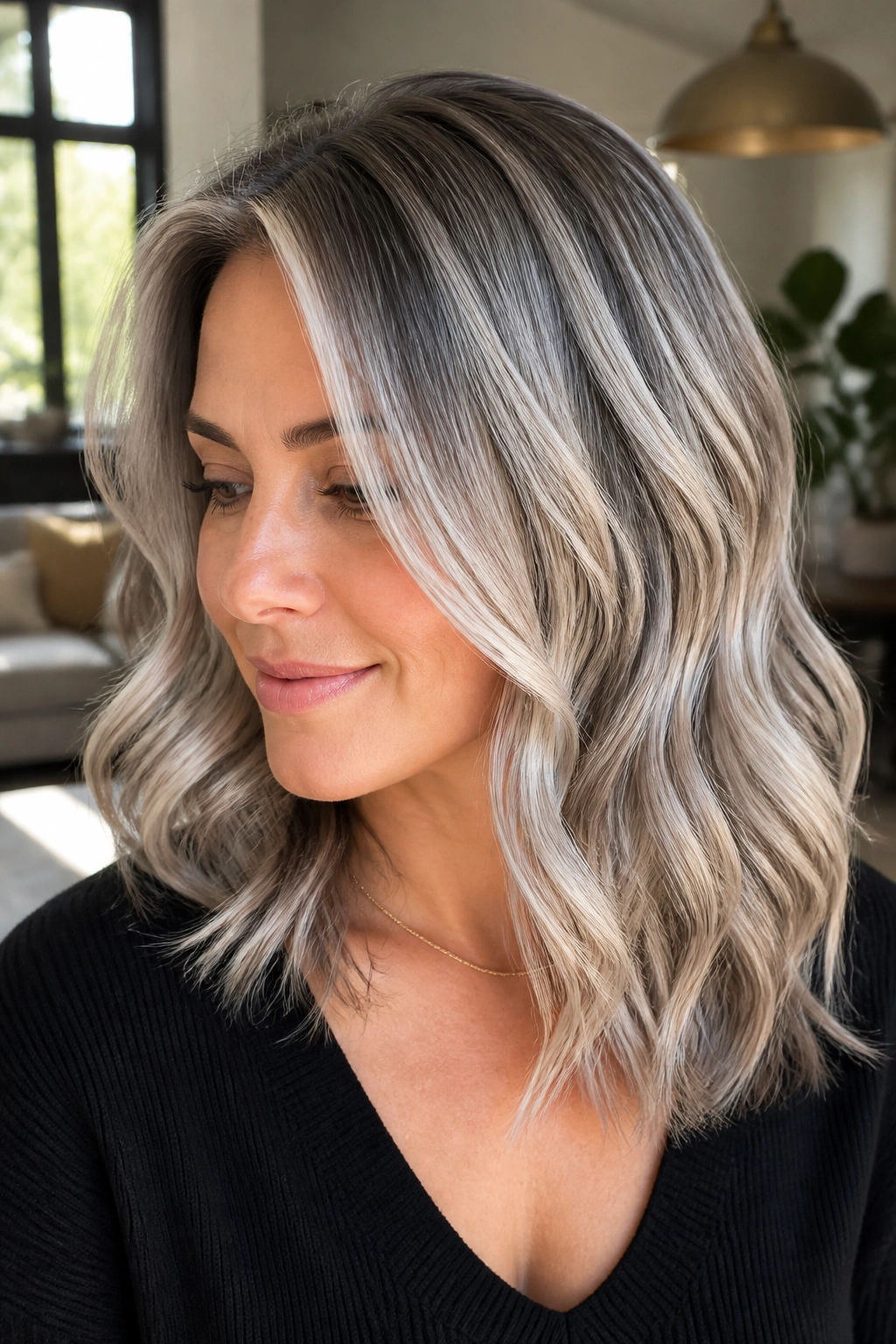 Portrait of a woman with pearl silver balayage on layered medium hair in sunlit living room