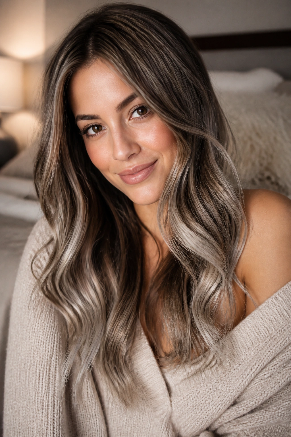 Close-up of chestnut hair with pearl silver balayage ribbons