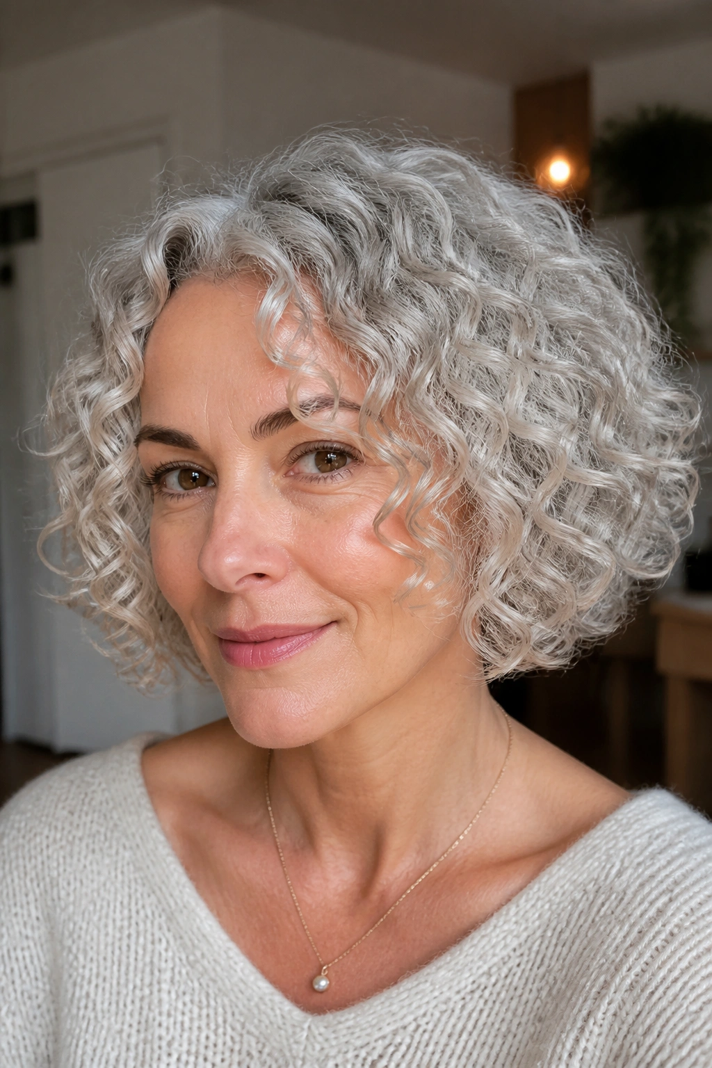 Close-up of a real woman with pearl silver curls in a chin-length bob.