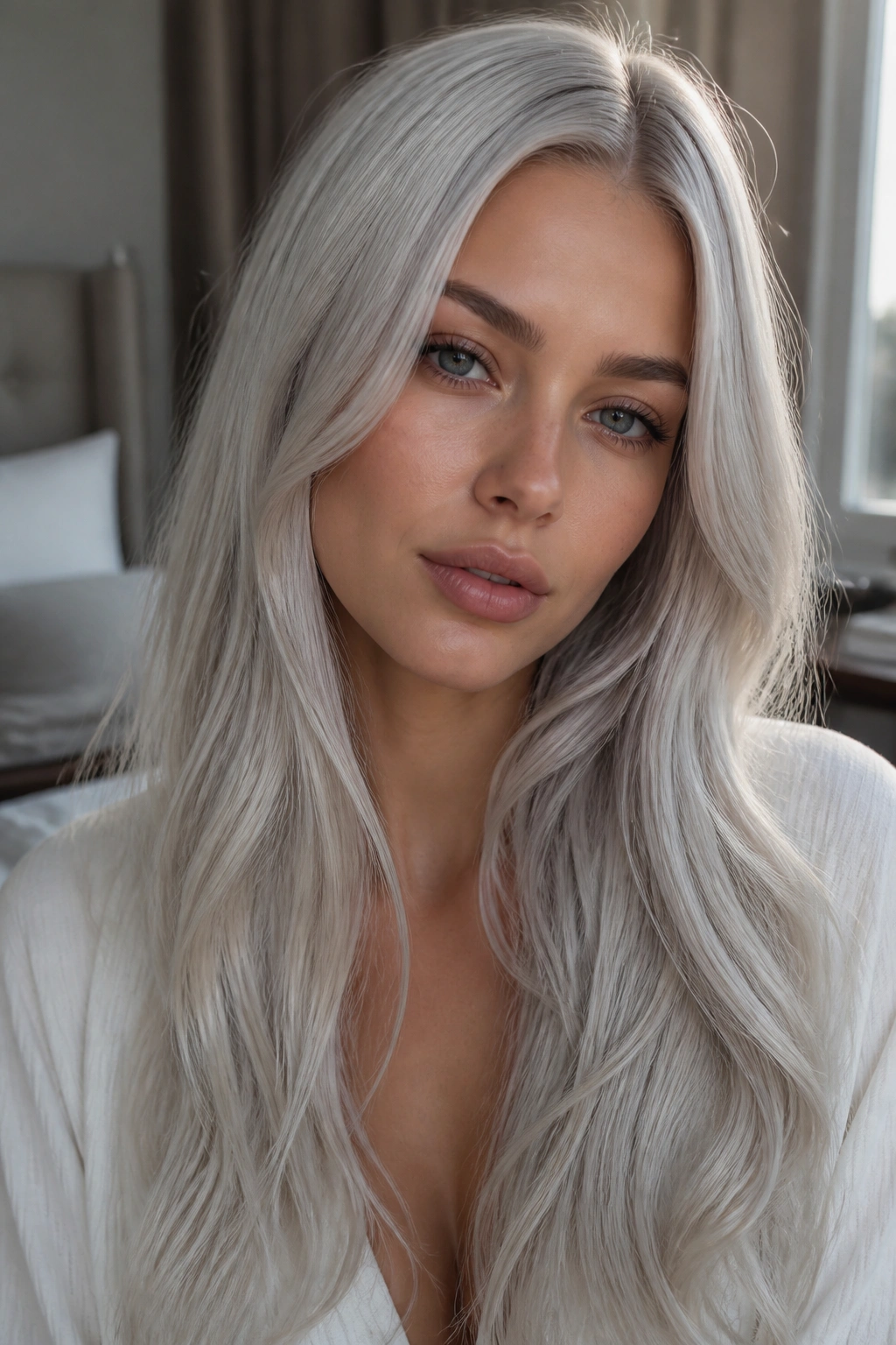 Close-up portrait of a real woman with pearl silver hair in soft window light