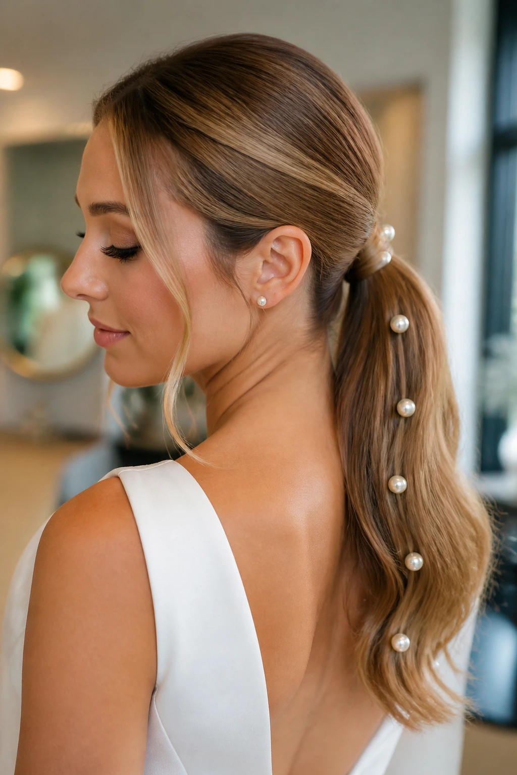 Close-up of a bride's pearl-studded ponytail with pearls along the length