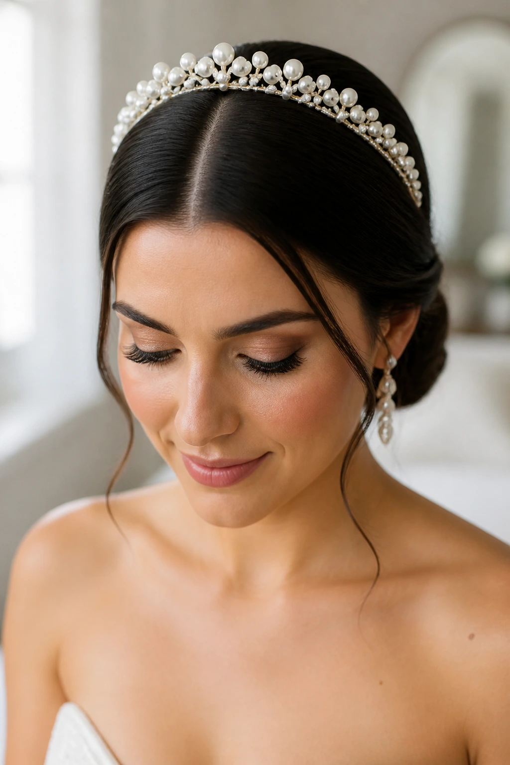 Close-up of a real bride with a sleek center part and pearl tiara in a bridal suite lighting