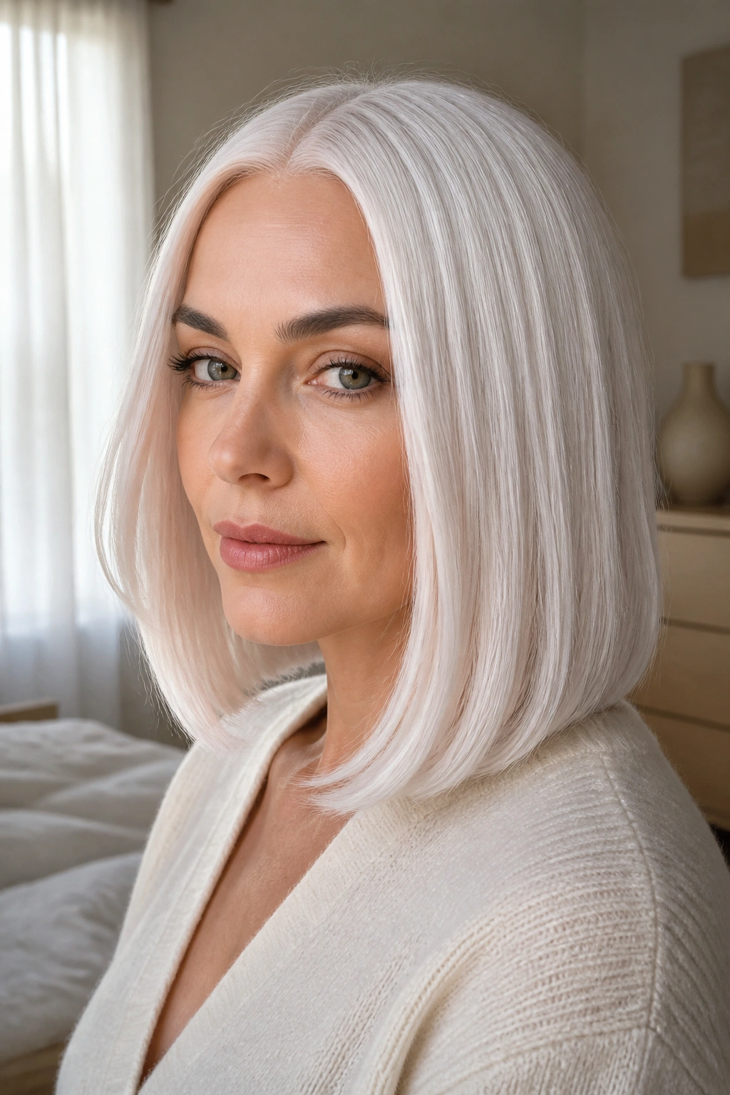 Close-up of a real woman with a pearl-white lob and a clean middle part in natural window light